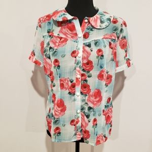 Hell Bunny Floral Short Sleeve Blouse With Peter Pan Collar Size Medium